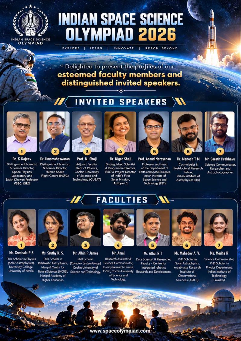 ISSO 2026 invited speakers: Dr K Rajeev, Dr Umamaheswaran, Prof. N. Shaji, Dr Nigar Shaji, Prof. Anand Narayanan, Dr Manosh T M and Mr Sarath Prabhavu. Faculties: Ms Sreebala P S, Ms Sruthy K. S., Mr Albin P James, Mr Amal, Mr Athul R T, Mr Mahadev A. V. and Ms Medha R.